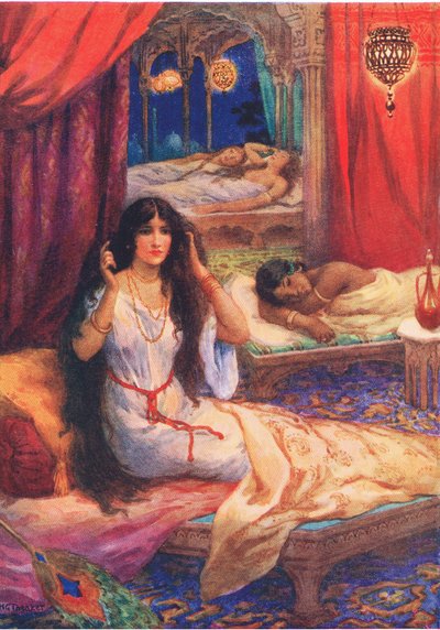 パバヴァティは目を覚ました。インドの伝説にまつわる童話」1930年代（カラーリトグラフ）の挿絵「心の硬い王子」より。 作： Harry George Theaker