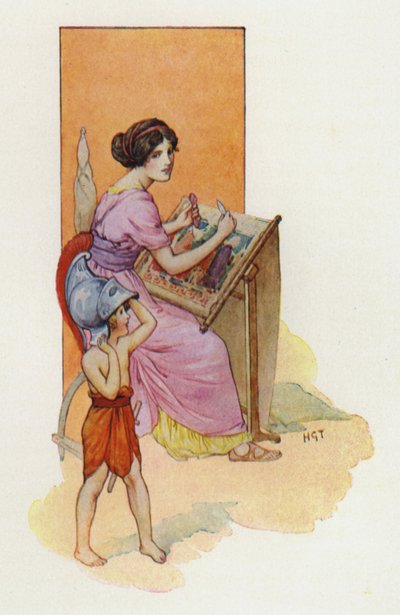 息子のテレマコスとペネロペ（カラーリトグラフ） 作： Harry George Theaker