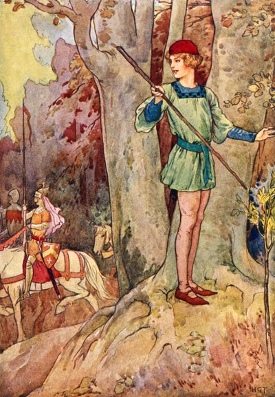 円卓の三騎士を捕らえるパーセヴァル（カラーリトグラフ） 作： Harry George Theaker