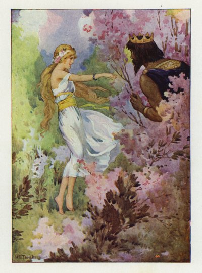 偉大な王が見守る中、百合の花の中で踊るプロセルピナ（カラーリトグラフ） 作： ハリー・ジョージ・ティーカー