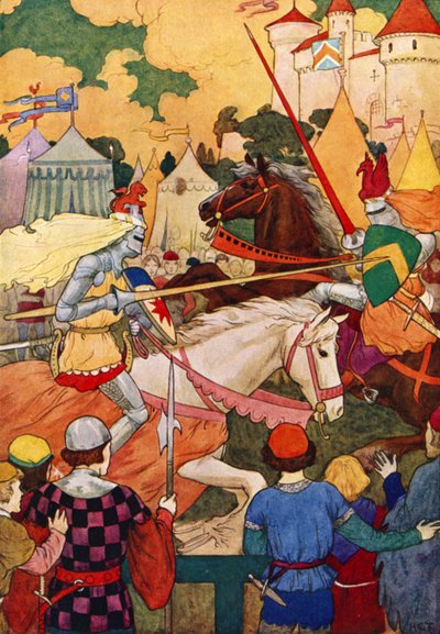 ランスロット卿の最初のトーナメント（カラーリトグラフ） 作： Harry George Theaker