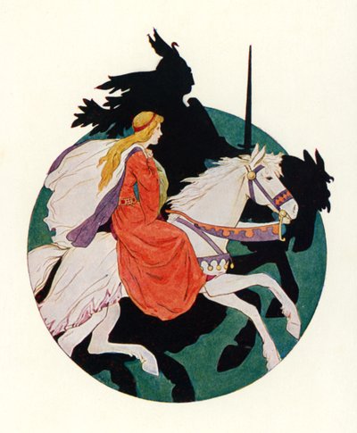 黒騎士が乙女を連れて走り去る（カラーリトグラフ） 作： Harry George Theaker
