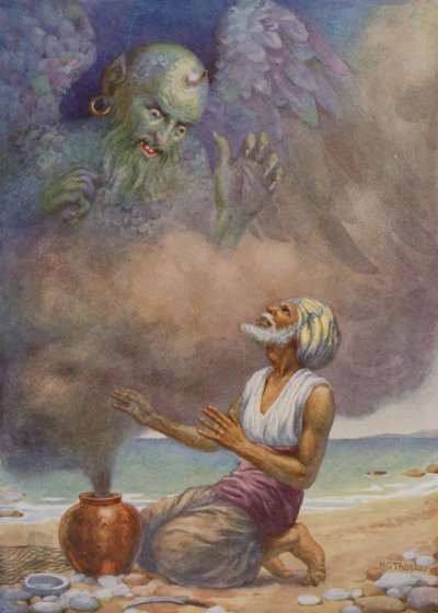 壷から逃げ出す精霊（カラーリトグラフ） 作： Harry George Theaker