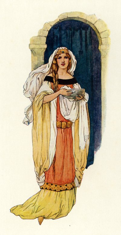 銀の洗面器に水を運ぶ王女グィネヴィア（カラーリトグラフ） 作： Harry George Theaker