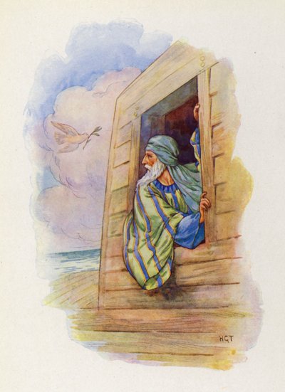 鳩はくちばしにオリーブの葉をくわえて帰ってきた（カラーリトグラフ） 作： Harry George Theaker