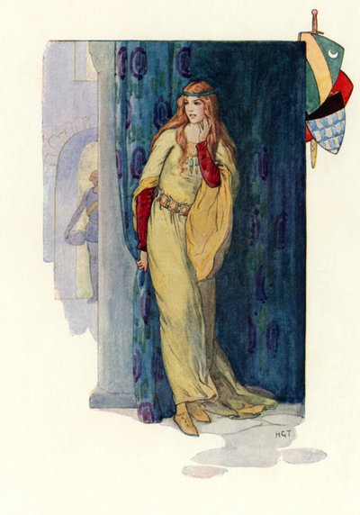 カーテンの陰に身を隠すおぼろげな乙女のバラ（カラーリトグラフ） 作： Harry George Theaker