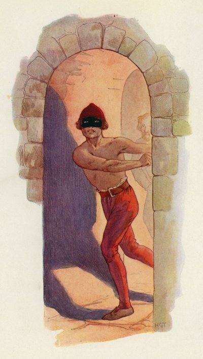 そのうちの1人は、腰から上が裸で、黒いマスク（カラーリトグラフ）をつけていた 作： Harry George Theaker