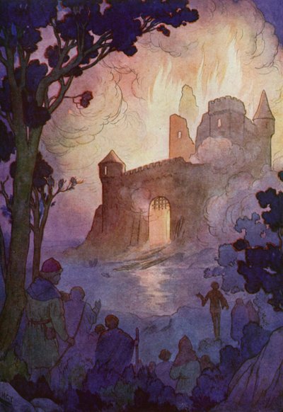 大天守閣が燃え上がり、数キロ先まで火の柱が見えた（カラーリトグラフ） 作： Harry George Theaker