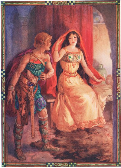 婦人は顔を隠した（『憎むべき婦人と勇敢な騎士』より）（カラーリトグラフ） 作： Harry George Theaker
