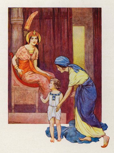 モーゼの母は彼を王女のもとに連れて行った（カラーリトグラフ） 作： Harry George Theaker
