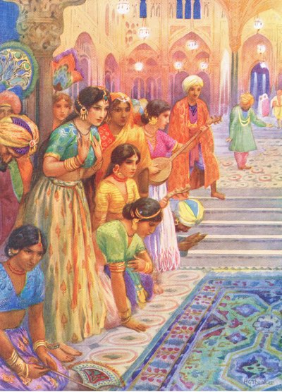 ラックの宮殿。1930年代頃、「インディアンの伝説にまつわる童話」の挿絵「冒険する兄弟たち」より（カラーリトグラフ）。 作： Harry George Theaker