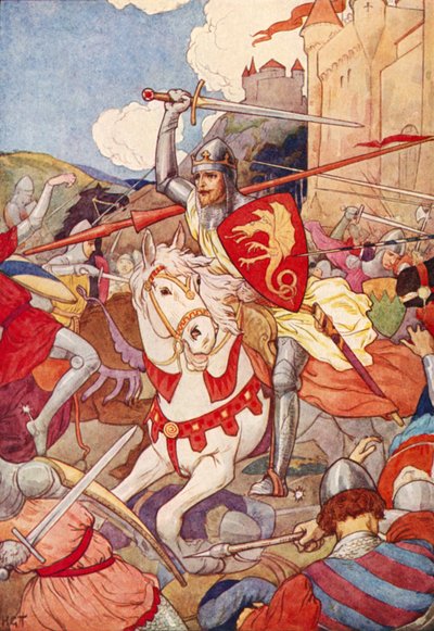 剣を閃かせる奇妙な騎士（カラーリトグラフ） 作： Harry George Theaker