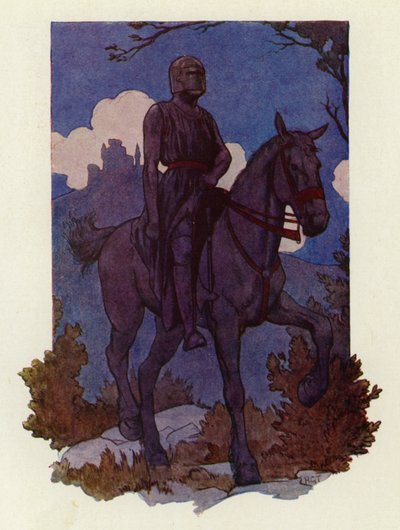 その見知らぬ騎士は、大きな黒い馬に乗り、全身黒ずくめの武装で、彼らに向かってきた（カラーリトグラフ）。 作： Harry George Theaker