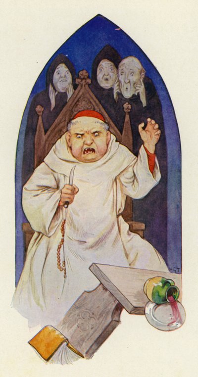 フーゴ大修道院長は怒り狂ったという（カラーリトグラフ） 作： Harry George Theaker