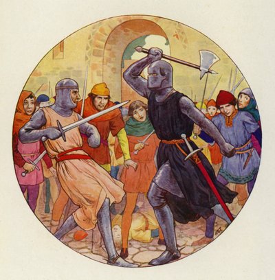 イサンバートは3度突き、3度大きく外れた（カラーリトグラフ） 作： Harry George Theaker