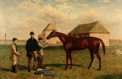 栗毛の競走馬「サンダーボルト」とオーナー、ジョッキー 作： Harry Hall