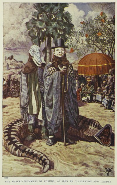 クラッパートンとランダーが見たヨルバの仮面のママ、1912年の「西アフリカのパイオニア」のイラスト 作： Harry Hamilton Johnston