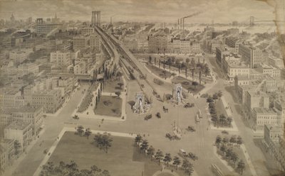 マンハッタンブリッジのブルックリンプラザ、1917年頃（インドのインクとウォッシュに不透明な白を付けたもの） 作： Harry M. Pettit
