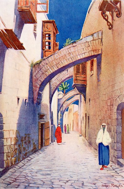 ヴィア・ドロローサ、エルサレム、パレスチナ、1910年頃、リチャード・ペンレイク著『A Book of Modern Palestine』より。 作： Harry Morley