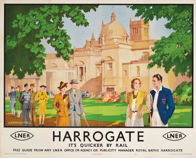 ハロゲート、電車でもっと速く」、鉄道の旅を宣伝するポスター 作： Harry Tittensor