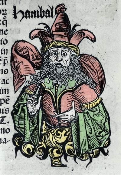 カルタゴニアの将軍であり政治家であったハンニバルまたはアンニバル・バルカ（紀元前247年～紀元前183年）の肖像。ハルトマン・シェデルによる「ニュルンベルクの年代記」のXylography 作： Hartmann Schedel