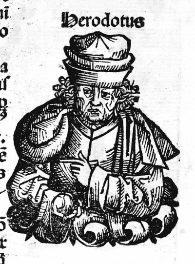 ギリシャの歴史家、ヘロドトス（紀元前484年～紀元前425年）の肖像。ハルトマン・シェデルのキシログラフィー "ニュルンベルクの年代記" 作： Hartmann Schedel
