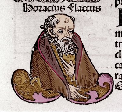 ラテン語の詩人、ホラーチェ（Quintus Horatius Flaccus）（紀元前65-8年）の肖像。ハルトマン・シェデルの『Liber Chronicarum』に収録されている。1497 作： Hartmann Schedel