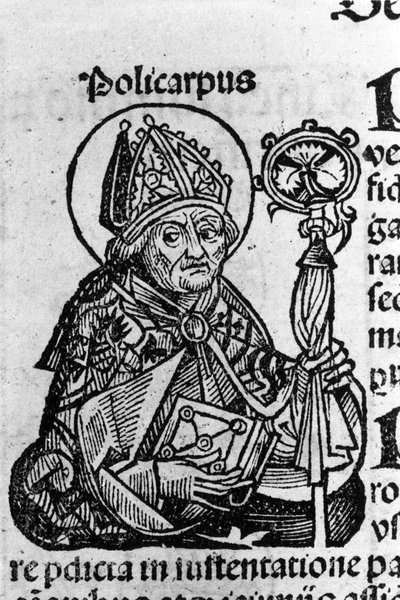 スミルナの聖ポリュカルプ（約69～155歳）の肖像、前夜祭。シェーデル・ハルトマン（1440-1514）の「ニュルンベルク年代記」からのエングレーヴィング 作： Hartmann Schedel