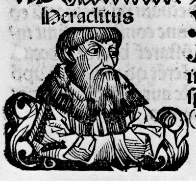 ギリシャの哲学者、エフェソスのヘラクライト（Heraclitus of Ephesus, BC 576-480）の肖像。ハルトマン・シェデルによる「ニュルンベルクの年代記」のキシログラフィー 作： Hartmann Schedel