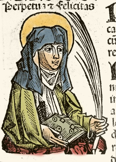 カルタゴで殉教した聖ペルペトゥスの表現。1493年にハルトマン・シェデルが作成した「ニュルンベルクの年代記」のキシログラフィー。 作： Hartmann Schedel