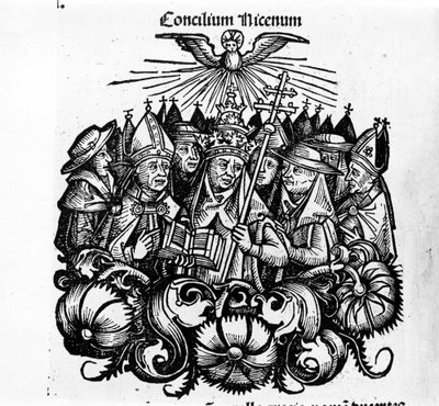 ニカイア公会議の様子H.シェデルによる「ニュルンベルク万国史」のイラスト 作： Hartmann Schedel