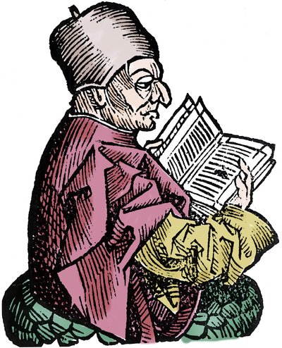 歴史家・神学者のBede the Venerable（673-735）（Beda Venerabilis）。ハルトマン・シェデルによる「ニュルンベルクの年代記」のキシログラフィー 作： Hartmann Schedel