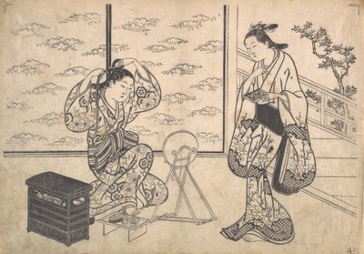 ベランダに開いた部屋にいる 2 人の女性、カリフォルニア州。 1730年。 作： Hasegawa Mitsunobu