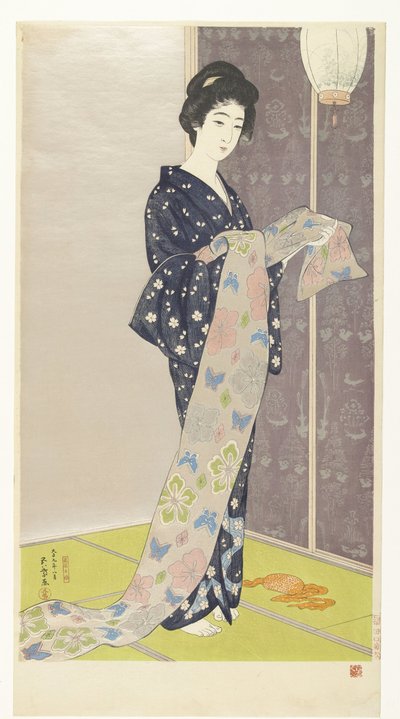夏の着物を着た若い女性 夏よそいの娘 作： Hashiguchi Goyô