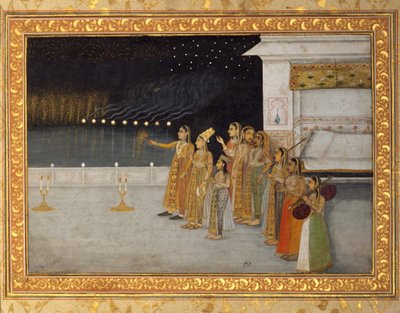 シャビーバラの夜を祝うインペリアルハーレムの女性、1725年〜50年（紙に不透明と金色） 作： Hashim