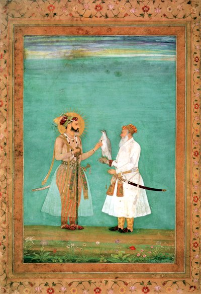 シャージャハン皇帝と鷹のいる年老いた廷臣、1650年頃 作： Hashim Hashim