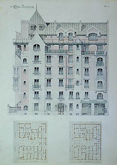カステル・ベランジェ」のファサードと平面図、ヘクトール・ギマール（1867-1942）の本の挿絵（カラーリトグラフ）。 作： Hector Guimard