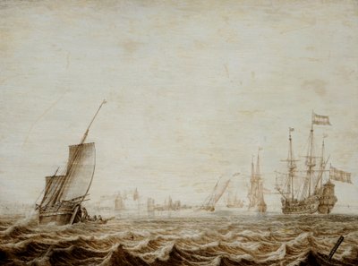 波立つ海で帆を降ろすウィズチップ 17世紀半ば（油彩・パネル） 作： Heerman Witmont