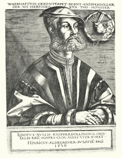 ベルンハルト・クニッパードリング、ドイツのアナバプティストの指導者で、1534年から1535年にかけてのミュンスターの反乱の指導者の一人（エングレービング 作： Heinrich (after) Aldegrever