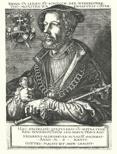 ライデンのジョン、オランダのアナバプティストの指導者で、1534年から1535年にかけてのミュンスターの反乱の指導者の一人（エングレービング 作： Heinrich (after) Aldegrever