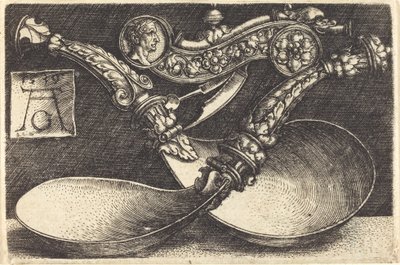 2 つのスプーンと犬笛のデザイン、1539 年。 作： Heinrich Aldegrever