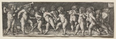 踊る 15 人のヌードの子供たち 作： Heinrich Aldegrever