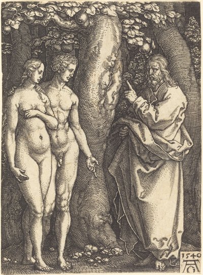 神は木から食べることを禁じます, 1540. 作： Heinrich Aldegrever