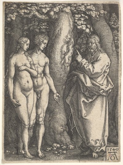 1540年に知識の木から食べることを左側のヌードのアダムとイブに禁じている右側の神。 作： Heinrich Aldegrever