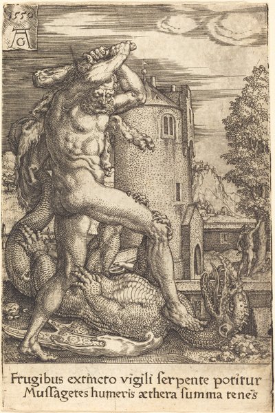 ドラゴンを倒すヘラクレス、1550年。 作： Heinrich Aldegrever