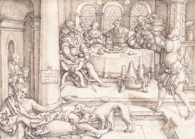 ダイブのテーブルからパン粉を物乞いするラザロ、1552 作： Heinrich Aldegrever