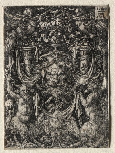 下の 2 つのファウヌスの間に仮面とワシを配置した装飾デザイン 作： Heinrich Aldegrever
