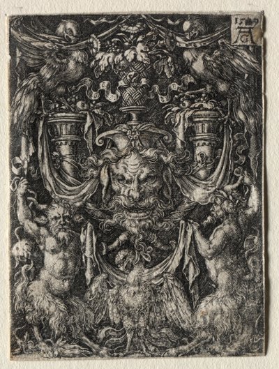 マスクとワシが下にある2つの牧神の間の装飾デザイン、1509。 作： Heinrich Aldegrever