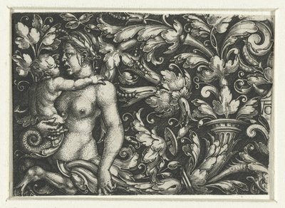 葉の巻きひげと子供を持つ女性のトリトンの飾り 作： Heinrich Aldegrever