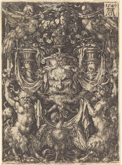 仮面の飾り、下のサテュロスの間のワシ、1549年。 作： Heinrich Aldegrever